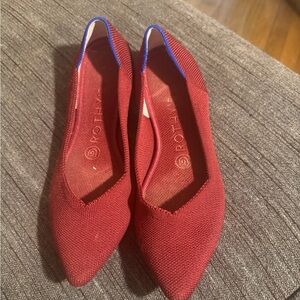 Rothy's The Point red knit ballet flats with a blue trim